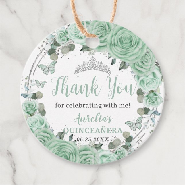 Quinceañera Mint Green Floral Silver Butterflies Favour Tags (Front)