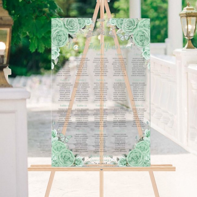 Quinceañera Mint Green Floral Silver Seating Seat Acrylic Sign (Creator Uploaded)