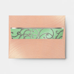 Quinceanera Mint Green Peach Silver Filigree Swirl Envelope
