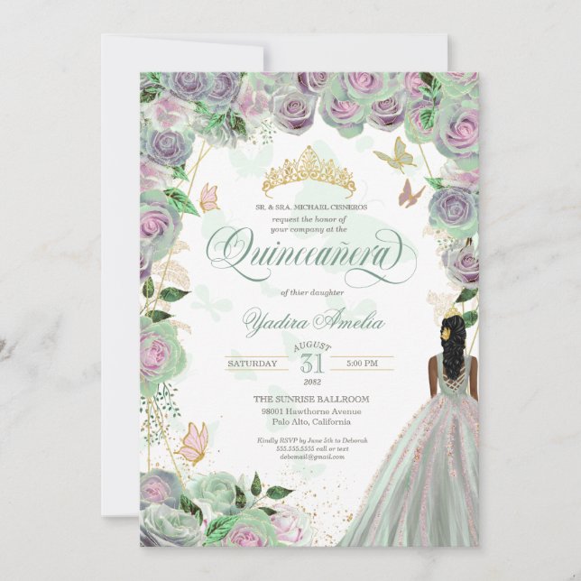 Quinceanera Mint Green Roses Elegant Butterflies I Invitation (Front)