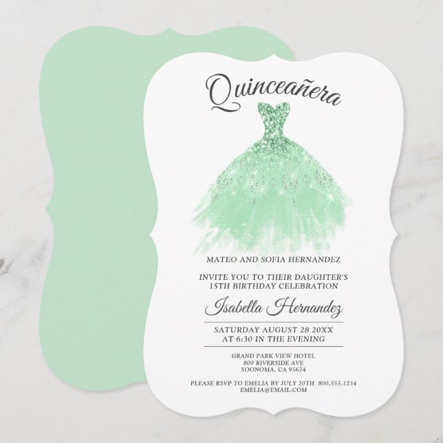 Quinceanera Mis Quince Mint Green Glitter Dress Invitation (Front/Back)