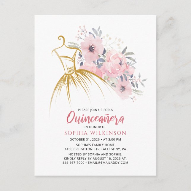Quinceanera Modern Floral 15th Birthday Invitation Postcard (Front)