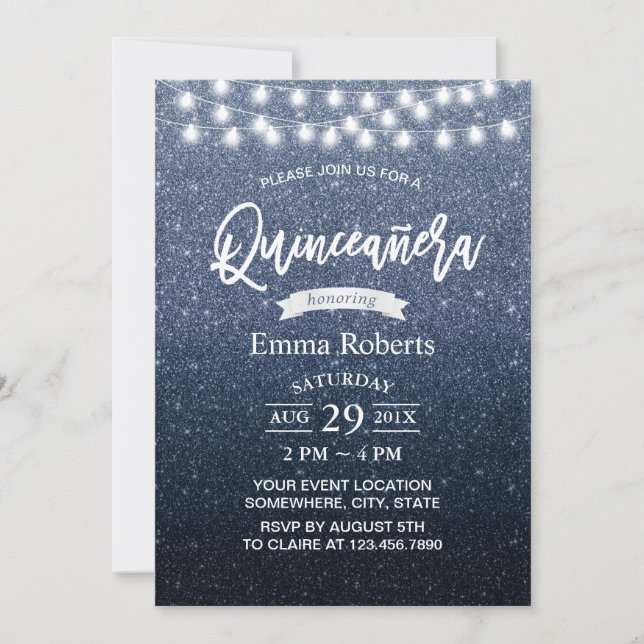 Quinceanera Modern Navy Blue Glitter String Lights Invitation (Front)