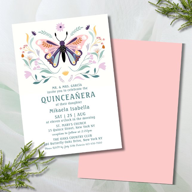 Quinceañera Modern Pink Purple Butterfly Floral Invitation (Creator Uploaded)