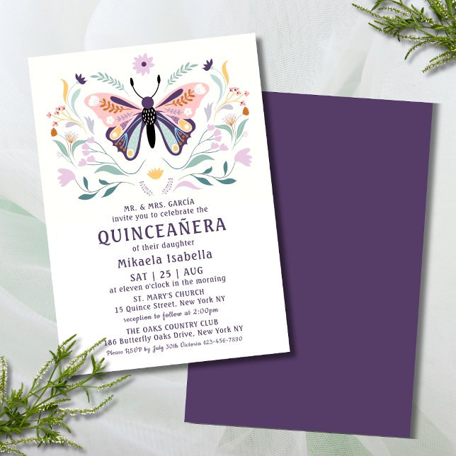 Quinceañera Modern Pink Purple Butterfly Floral Invitation (Creator Uploaded)