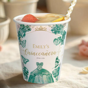 Quinceanera Napkins Emerald Green Dress Floral Paper Cups