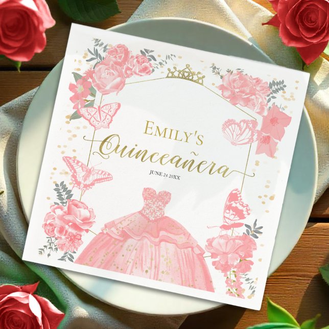 Quinceanera Napkins Pink Dress Floral Gold Foil  (Creator Uploaded)