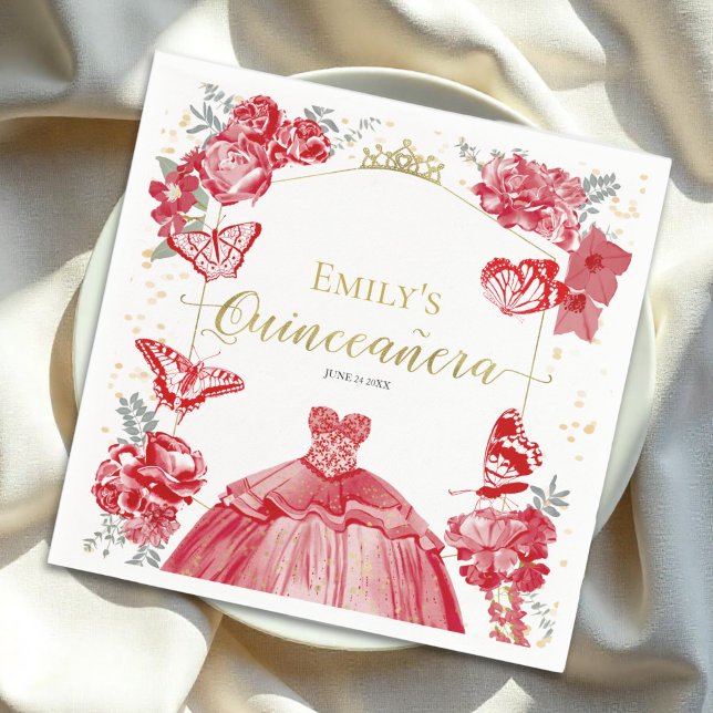 Quinceanera Napkins Red Dress Floral Gold Foil   (Creator Uploaded)