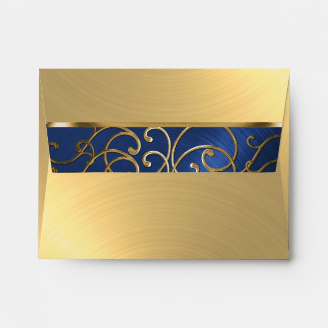 Quinceanera Navy Blue and Gold Filigree Swirls Envelopes (Back (Top Flap))