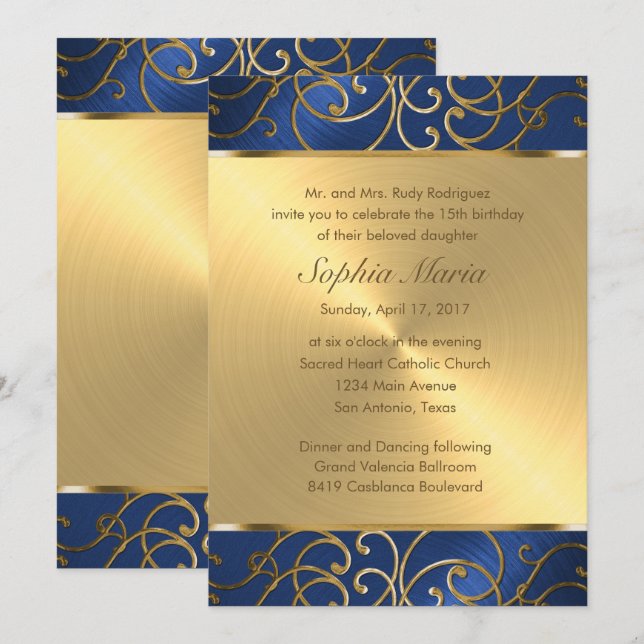 Quinceanera Navy Blue and Gold Filigree Swirls Invitation (Front/Back)