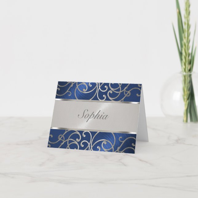 Quinceanera Navy Blue and Silver Filigree Swirls Invitation (Front)