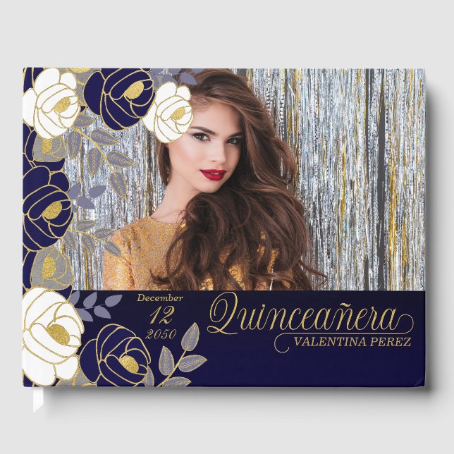Quinceanera Navy Blue Floral Botanical Guest Book (Front)