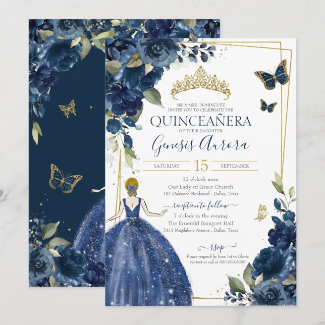 Quinceañera Navy Blue Floral Butterflies and Dress Invitation (Front/Back)