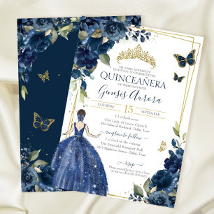 Quinceañera Navy Blue Floral Butterflies and Dress Invitation