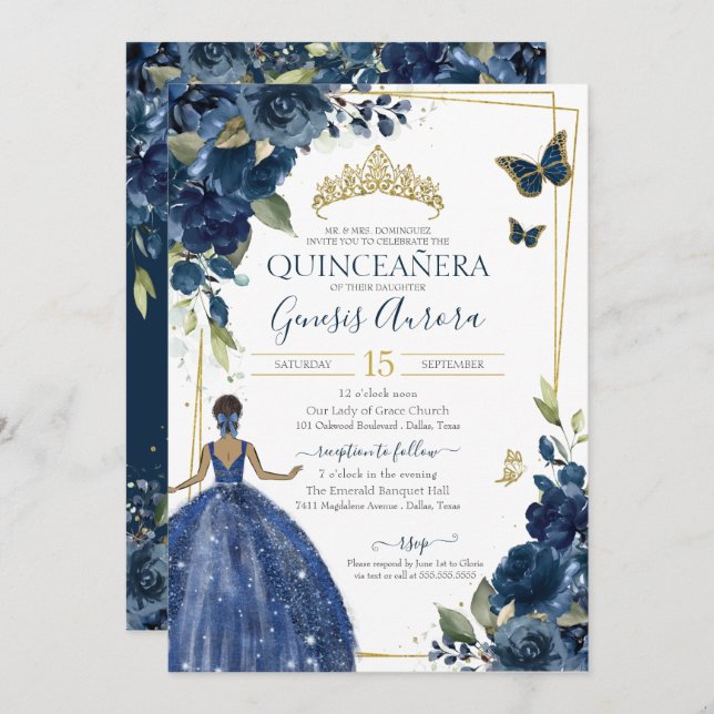 Quinceañera Navy Blue Floral Butterflies and Dress Invitation (Front/Back)