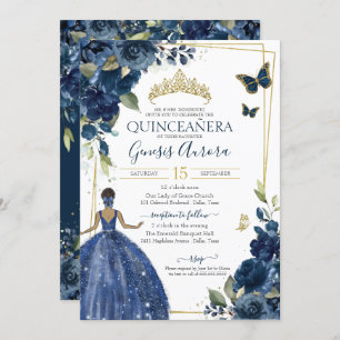 Quinceañera Navy Blue Floral Butterflies and Dress Invitation