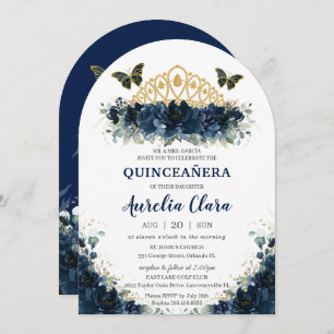Quinceañera Navy Blue Floral Butterflies Crown Invitation
