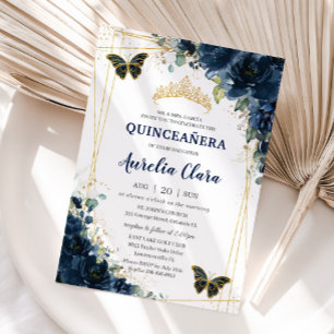 Quinceañera Navy Blue Floral Butterflies Crown Invitation