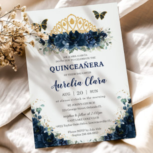 Quinceañera Navy Blue Floral Butterflies Crown  Invitation