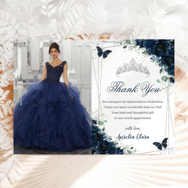 Quinceañera Navy Blue Floral Butterflies Picture Thank You Card (Creator Uploaded)
