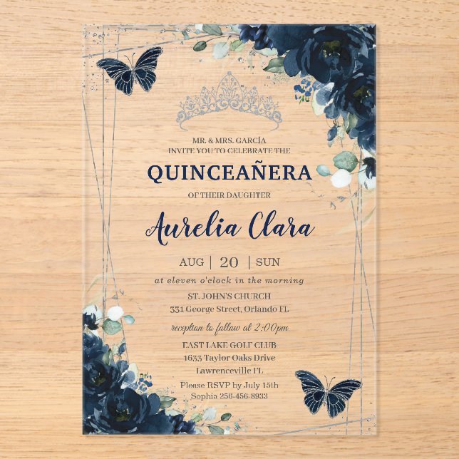 Quinceanera Navy Blue Floral Butterflies Silver Acrylic Invitations (Front)