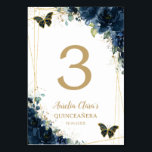 Quinceañera Navy Blue Floral Gold Butterflies Table Number<br><div class="desc">Personalise this lovely quinceañera / birthday party / bridal shower / baby shower / wedding table number card easily and quickly,  simply press the customise it button to further re-arrange and format the style and placement of the text.  Matching items available in store!  (c) The Happy Cat Studio</div>