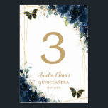 Quinceañera Navy Blue Floral Gold Butterflies Table Number<br><div class="desc">Personalise this lovely quinceañera / birthday party / bridal shower / baby shower / wedding table number card easily and quickly,  simply press the customise it button to further re-arrange and format the style and placement of the text.  Matching items available in store!  (c) The Happy Cat Studio</div>