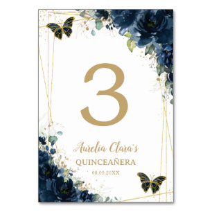 Quinceañera Navy Blue Floral Gold Butterflies Table Number