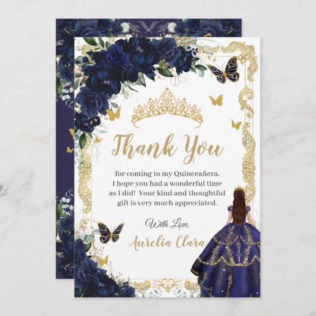 Quinceañera Navy Blue Floral Gold Princess 15 16 Thank You Card (Front/Back)