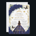 Quinceañera Navy Blue Floral Gold Princess  Invitation<br><div class="desc">Personalise this lovely quinceañera invitation with own wording easily and quickly,  simply press the customise it button to further re-arrange and format the style and placement of the text.  Matching items available in store!  (c) The Happy Cat Studio</div>