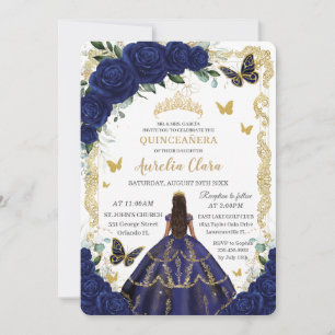 Quinceañera Navy Blue Floral Gold Princess  Invitation