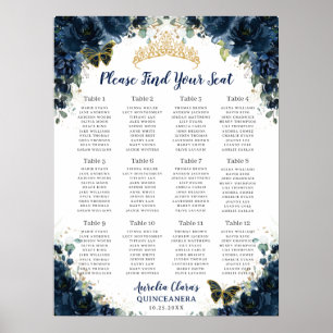 Quinceañera Navy Blue Floral Gold Seating Chart
