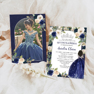 Quinceañera Navy Blue Floral Princess Birthday Invitation