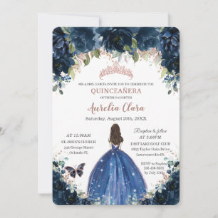 Quinceañera Navy Blue Floral Princess Rose Gold Invitation