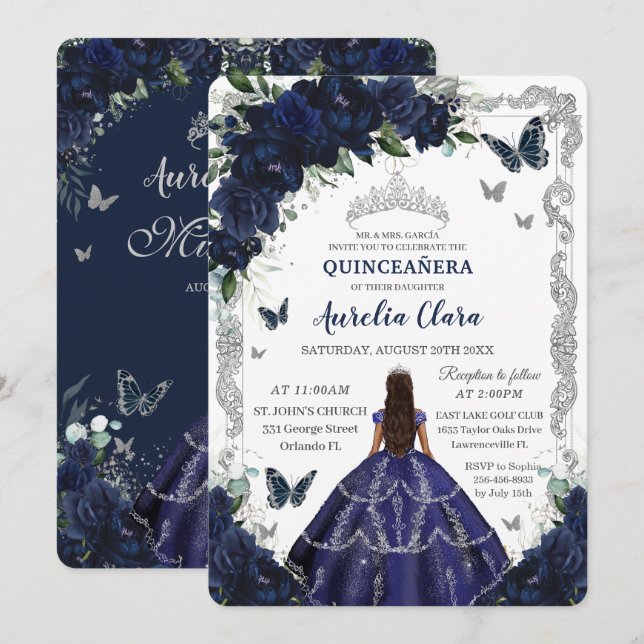 Quinceañera Navy Blue Floral Silver Princess  Invitation (Front/Back)