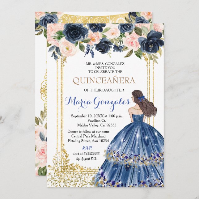 Quinceanera Navy Blue Flowers Gold Invitation (Front/Back)