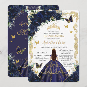 Quinceañera Navy Blue Flowers Gold Princess  Invitation