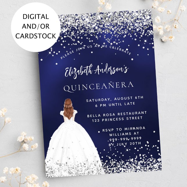 Quinceanera navy blue glitter dress invitation (Creator Uploaded)