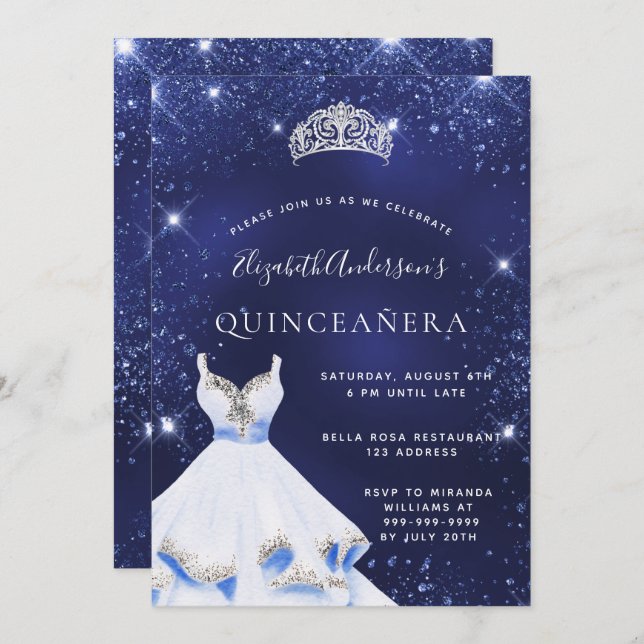 Quinceanera navy blue glitter dress tiara invitation (Front/Back)
