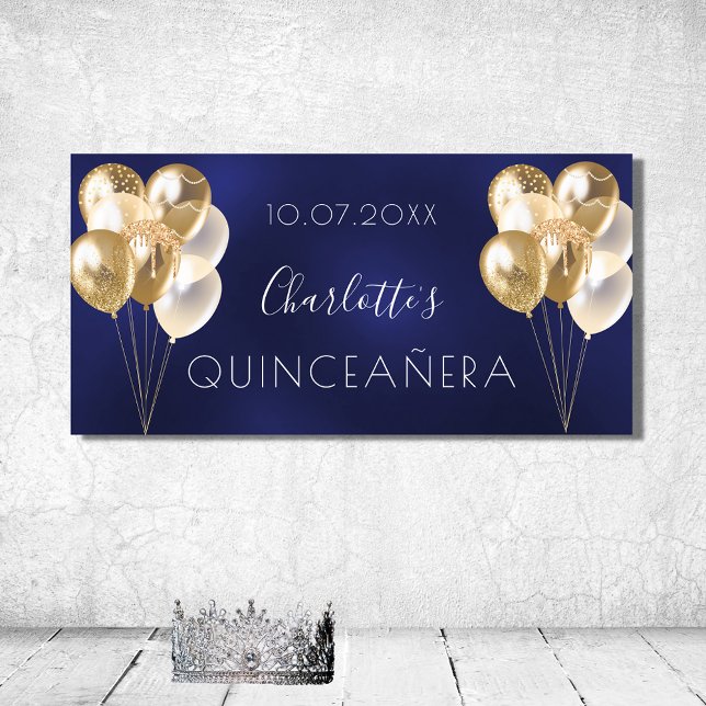 Quinceanera navy blue gold balloons party poster (Creator Uploaded)