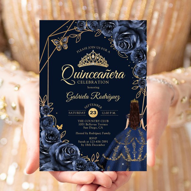 Quinceanera Navy Blue Gold Butterfly Dress Floral Invitation (Creator Uploaded)