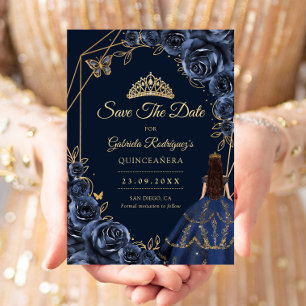Quinceanera Navy Blue Gold Butterfly Dress Floral Save The Date
