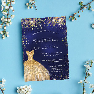 Quinceanera navy blue gold dress glamourous invitation