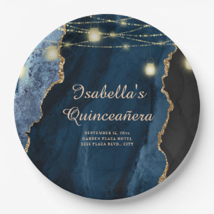 Quinceañera Navy Blue Gold Glitter String Lights  Paper Plate