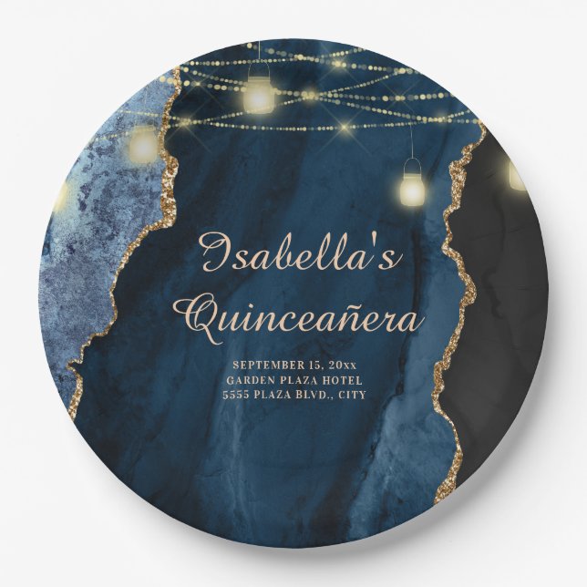 Quinceañera Navy Blue Gold Glitter String Lights  Paper Plate (Front)