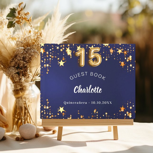 Quinceanera navy blue gold stars guest book (Creator Uploaded)