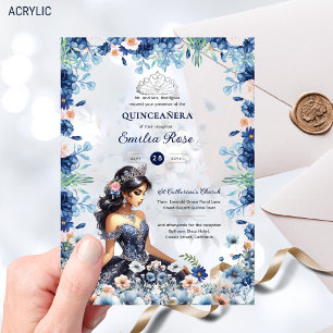 Quinceañera Navy Blue Peach Silver Dress Flowers Acrylic Invitations