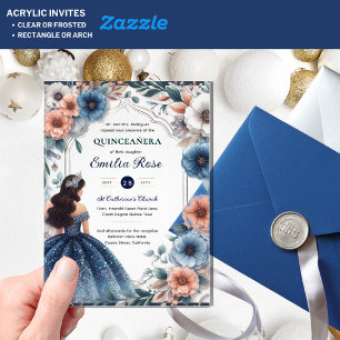 Quinceañera Navy Blue Peach Silver Dress Flowers Acrylic Invitations