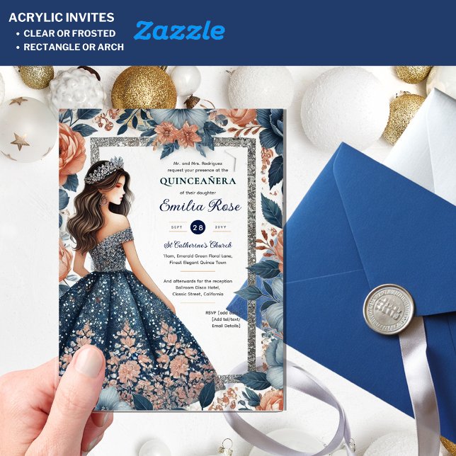 Quinceañera Navy Blue Rose Gold Dress Flowers Acrylic Invitations (Creator Uploaded)