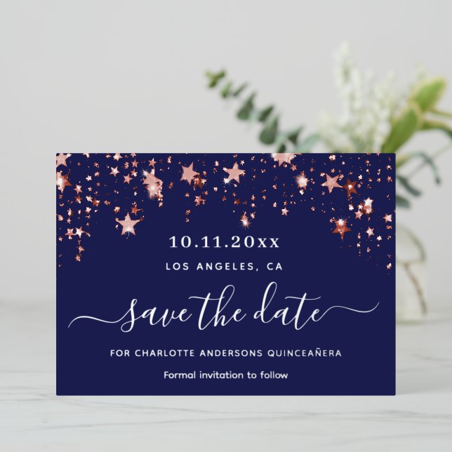 Quinceanera navy blue rose Save the Date Foil Holiday Card (Standing Front)